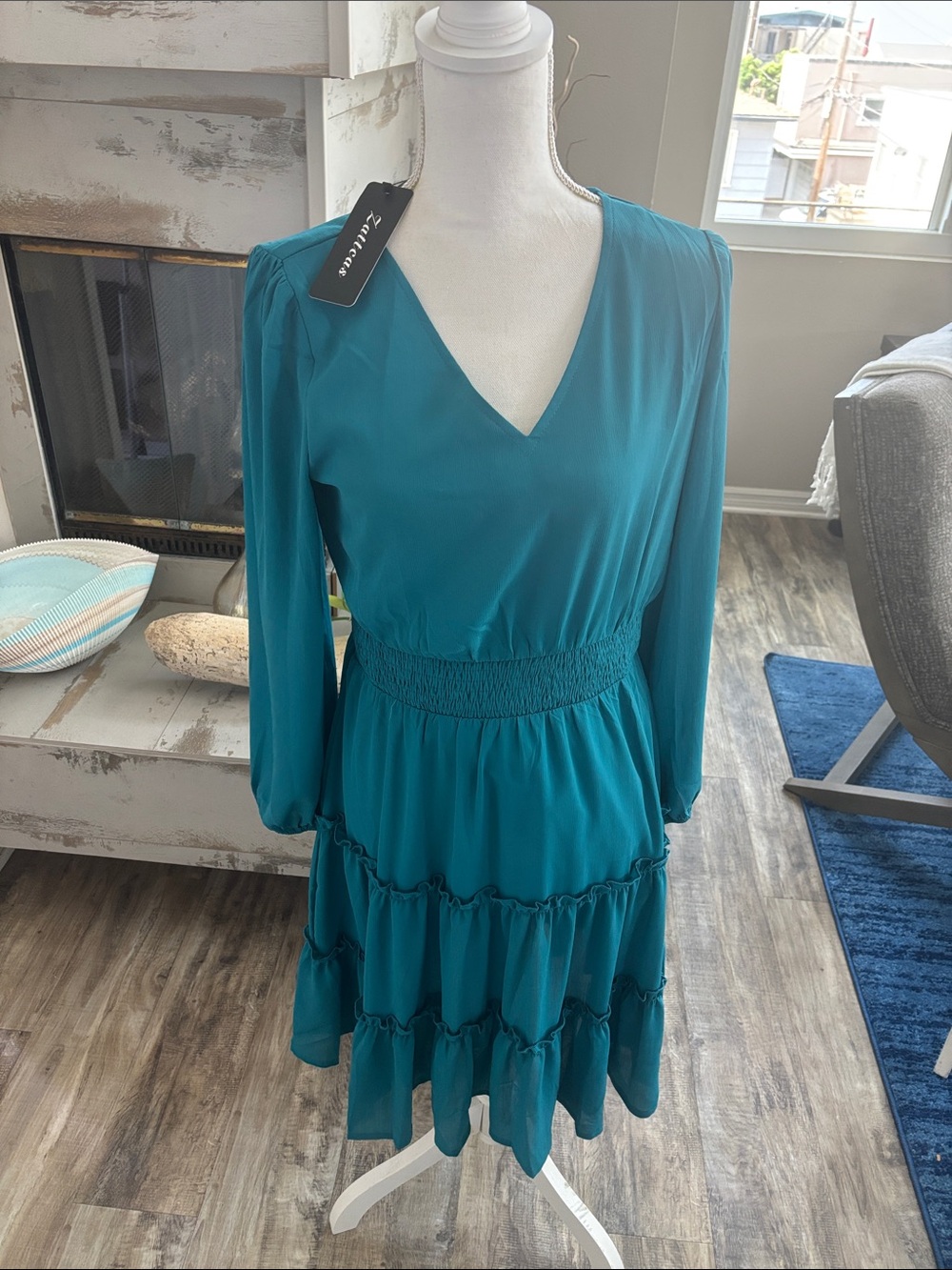Zack & Zoey Teal V-Neck Tiered Long-Sleeve Dress